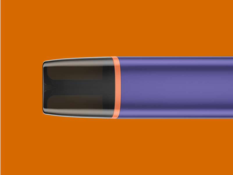 Ansicht einer VEEV ONE Vape in einem 90-Grad-Winkel mit orangefarbenem Hintergrund