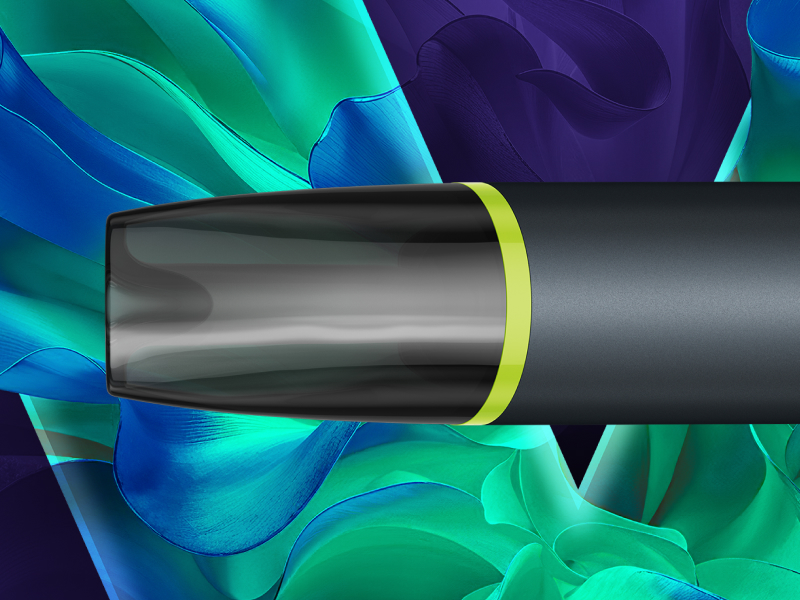 Horizontal view of the cap of a VEEV NOW ULTRA vape with a multi-colour V background