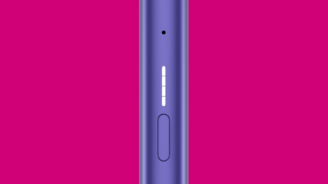 Ansicht der Lichter und der Taste einer VEEV ONE Vape mit rosa Hintergrund