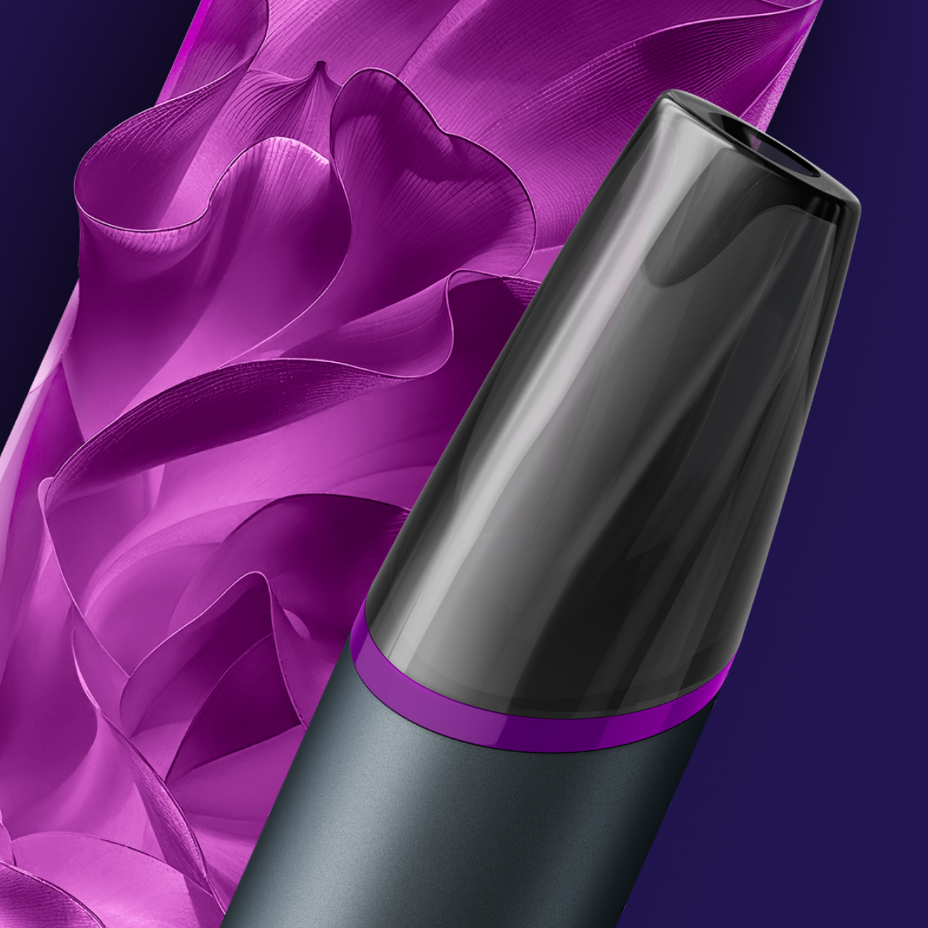 Ansicht der Kappe einer VEEV NOW ULTRA Vape mit einem lilafarbenen Teil eines V als Hintergrund