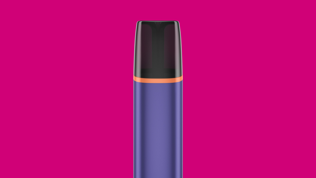 Vertikale Ansicht einer VEEV ONE Vape mit rosa Hintergrund