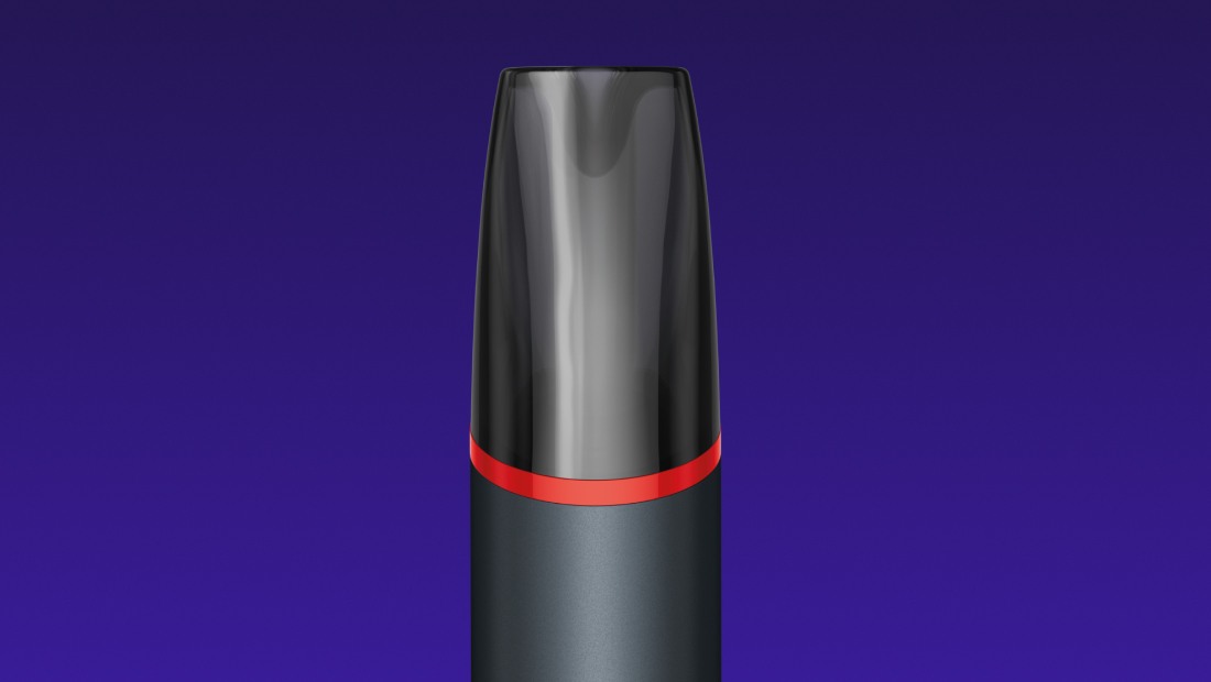 Vertical view of the cap of a VEEV NOW ULTRA with a dark blue background