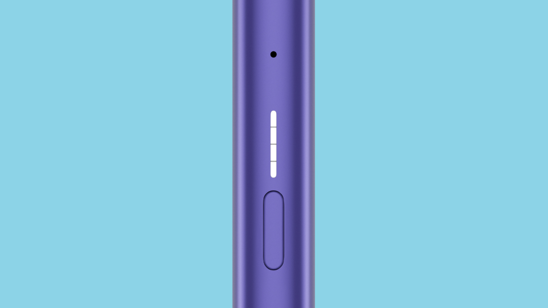 Ansicht der Lichter und der Taste einer VEEV ONE Vape mit hellblauem Hintergrund