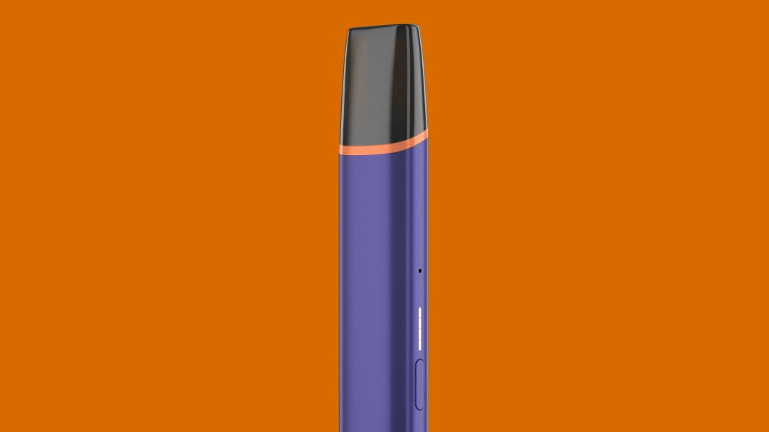 Vue verticale d’une vape VEEV ONE sur un fond orange