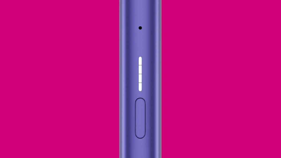 Ansicht der Lichter und der Taste einer VEEV ONE Vape mit rosa Hintergrund
