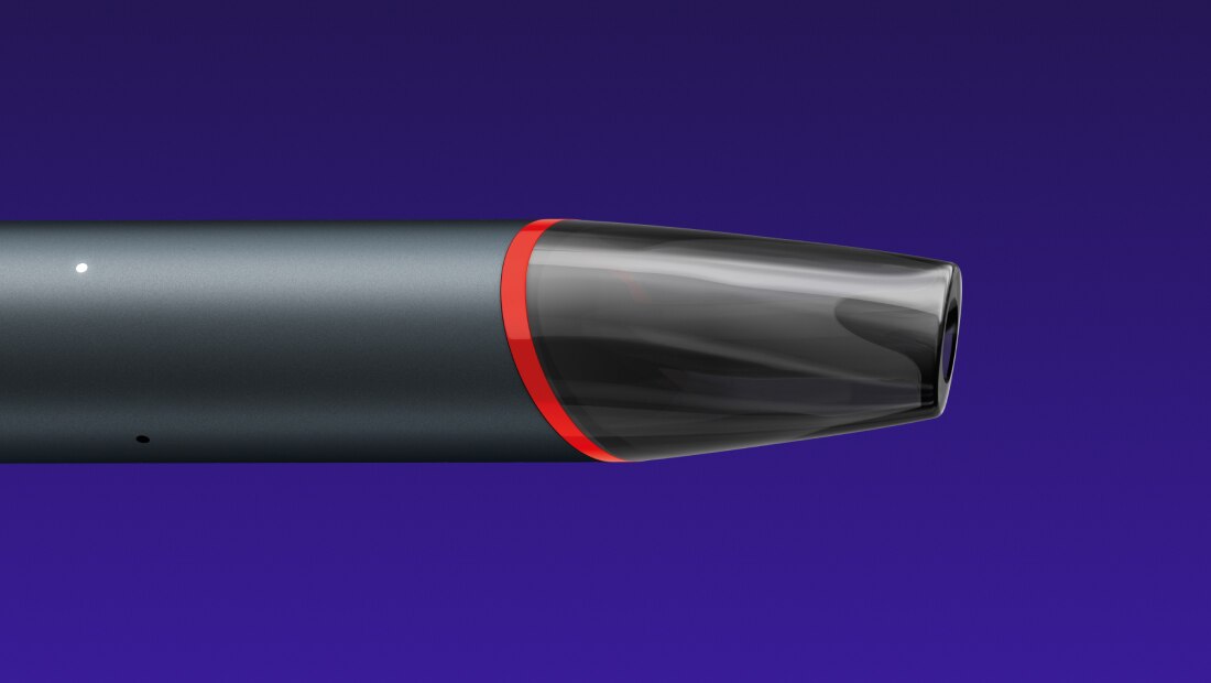Vue horizontale d’une vape VEEV NOW ULTRA sur un fond bleu foncé