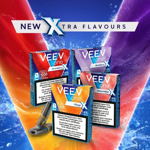 A purple VEEV ONE PLUS device showcases two pods against a vibrant gradient background.