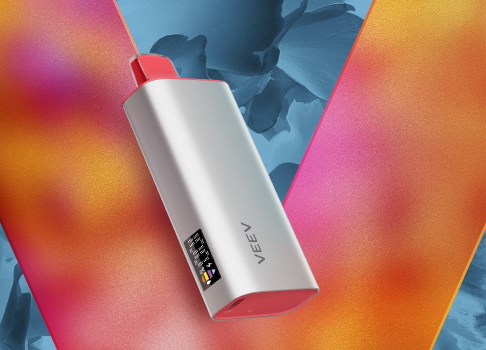 Vape desechable VEEV now 18ML sabor frutilla, sobre fondo de logo VEEV con tonos de rosa, amarillo y azul.