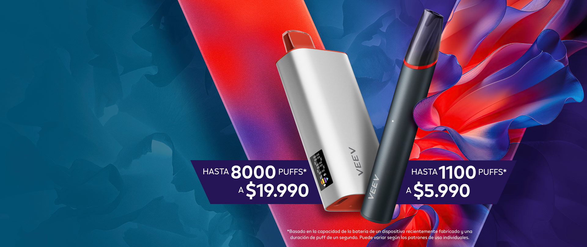 Banner de VEEV now 18ML Y VEEV now ULTRA con dos vapes sabor a frutilla sobre el logo de VEEV con un fondo de colores rojo, azul y violeta. 