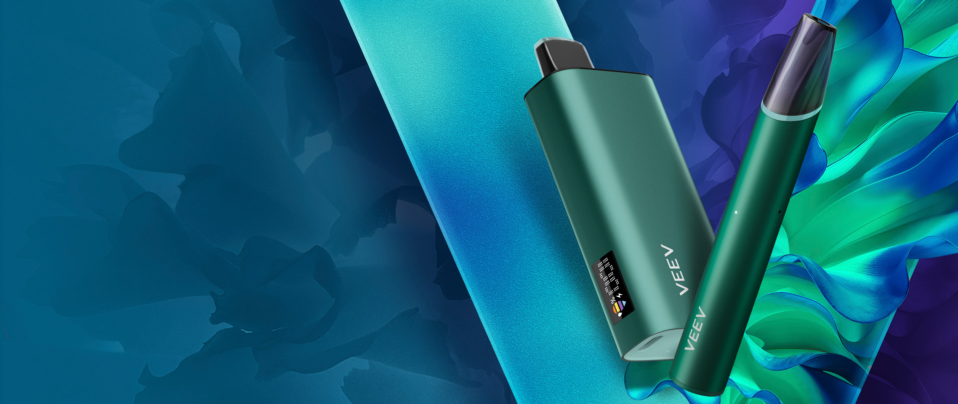Banner De VEEV now 18ML Y VEEV now ULTRA, con dos vapes sabor a menta, sobre fondo con el logo de VEEV y colores celeste, azul y verde.  