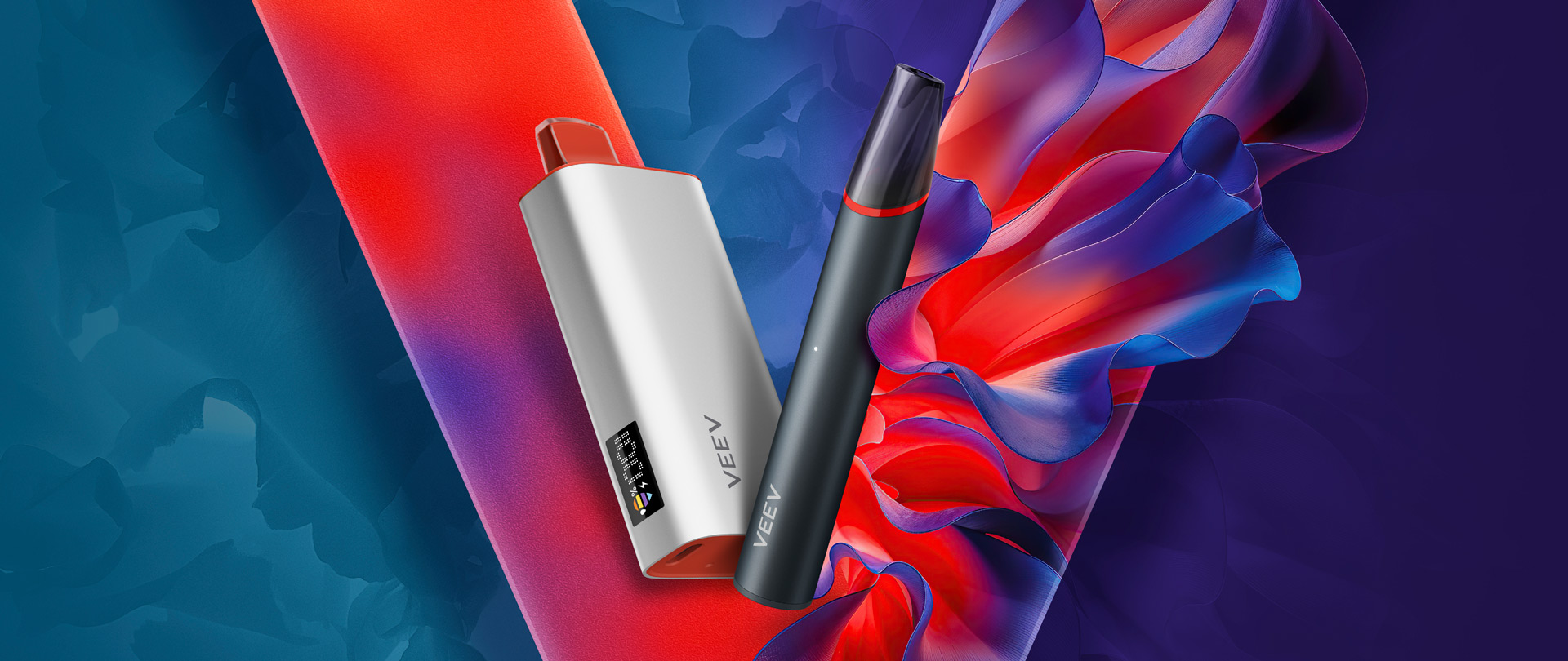Banner de dos vapes, uno VEEV now 18ML y otro VEEV now ULTRA con sabor a frutilla, sobre fondo con el logo de VEEV y colores rojo, azul y violeta. 