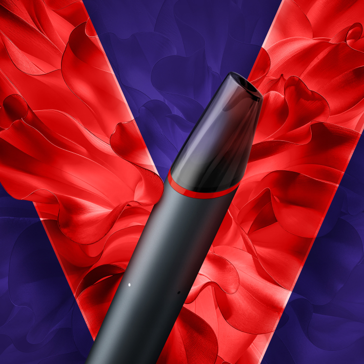 Un vape desechable VEEV now ULTRA Sabor Frutilla en un fondo rojo del logo VEEV