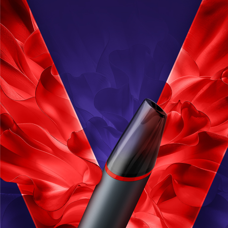 Un vape desechable VEEV now ULTRA Sabor Frutilla en un fondo rojo del logo VEEV