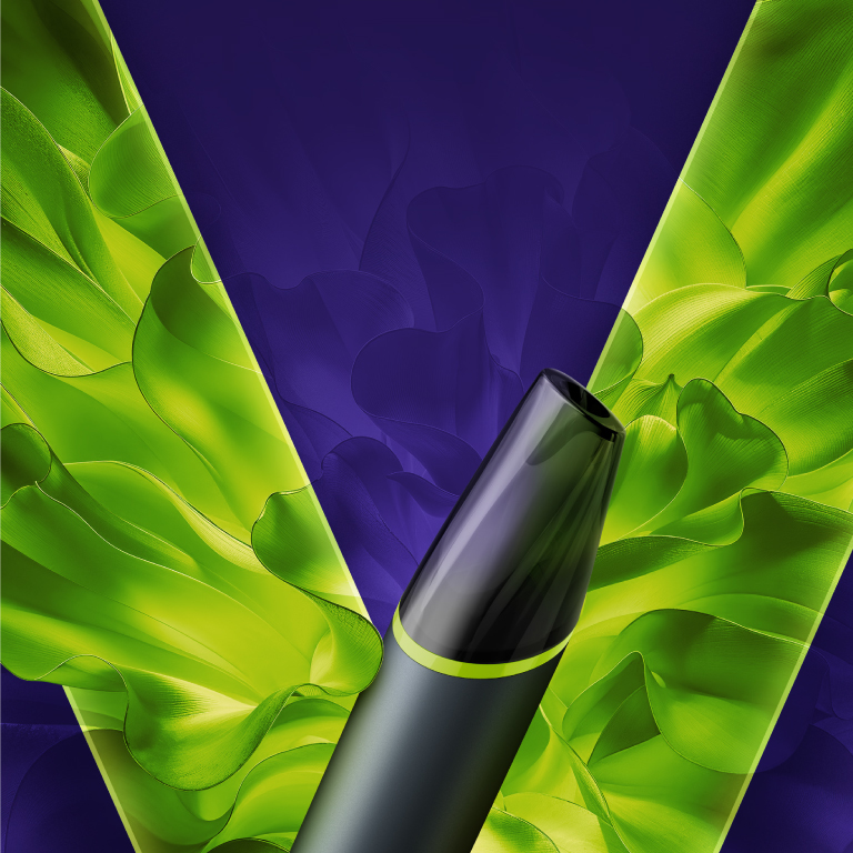 Un vape desechable VEEV now ULTRA Sabor Manzana Ácida en un fondo verde claro del logo VEEV