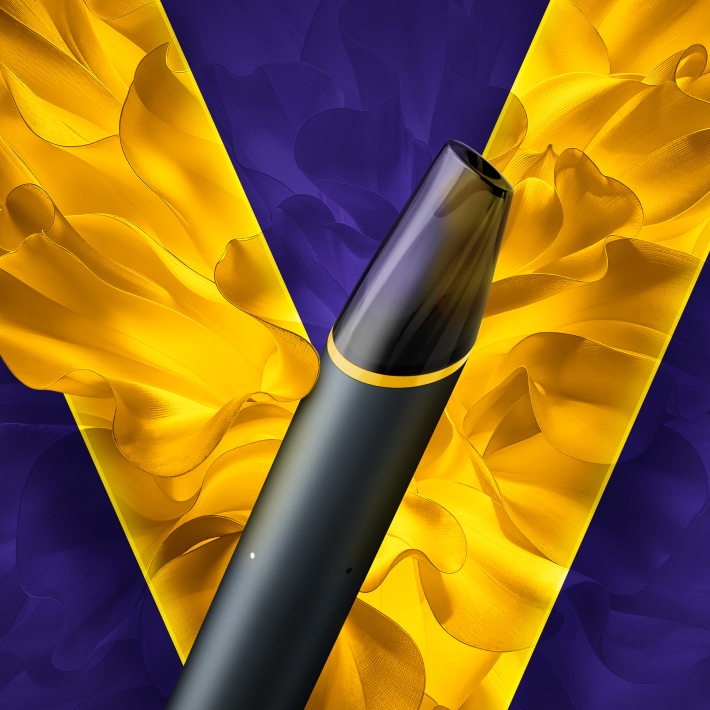 Un vape desechable VEEV now ULTRA sabor Maracuyá Kiwi Guayaba en un fondo amarillo del logo VEEV
