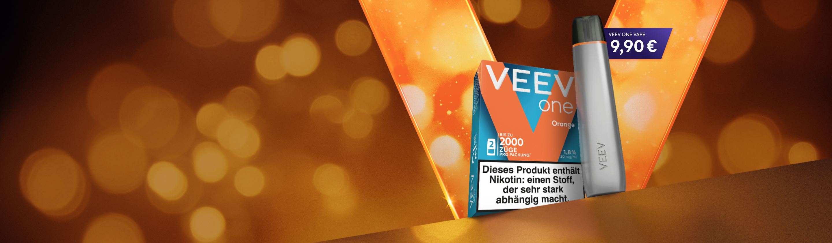 VEEV Gerät für 9,90 € neben einem Pack Pods Flavour Orange