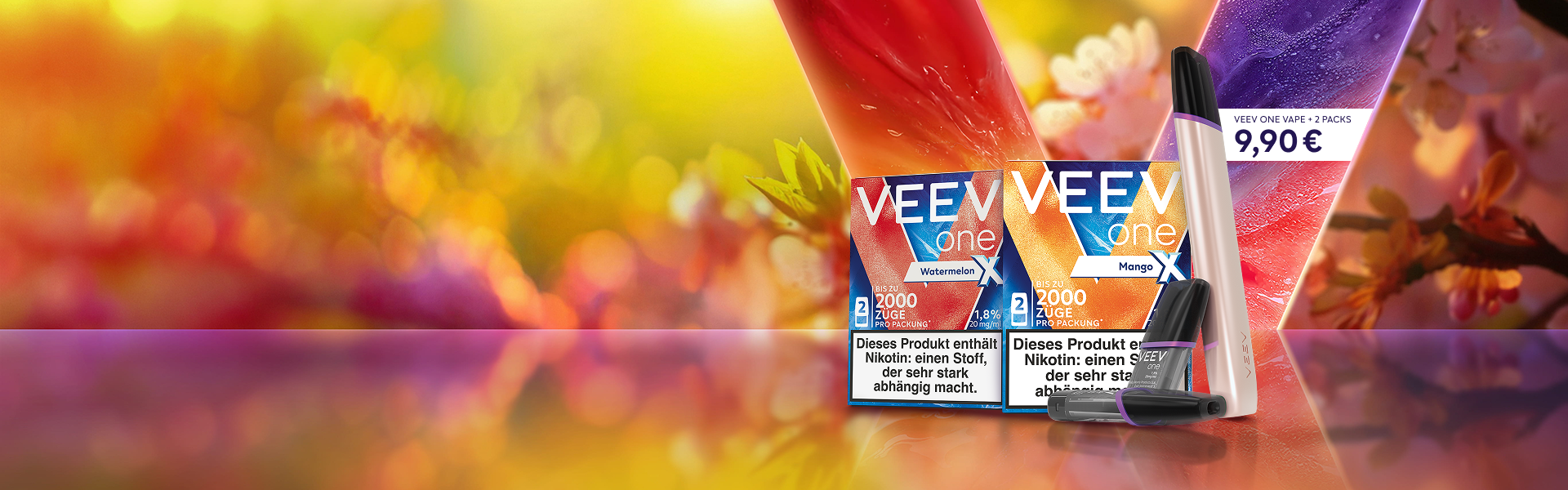 VEEV ONE Vape mit 2 Packs Watermelon X und Mango X vor einem blumigen Hintergrund