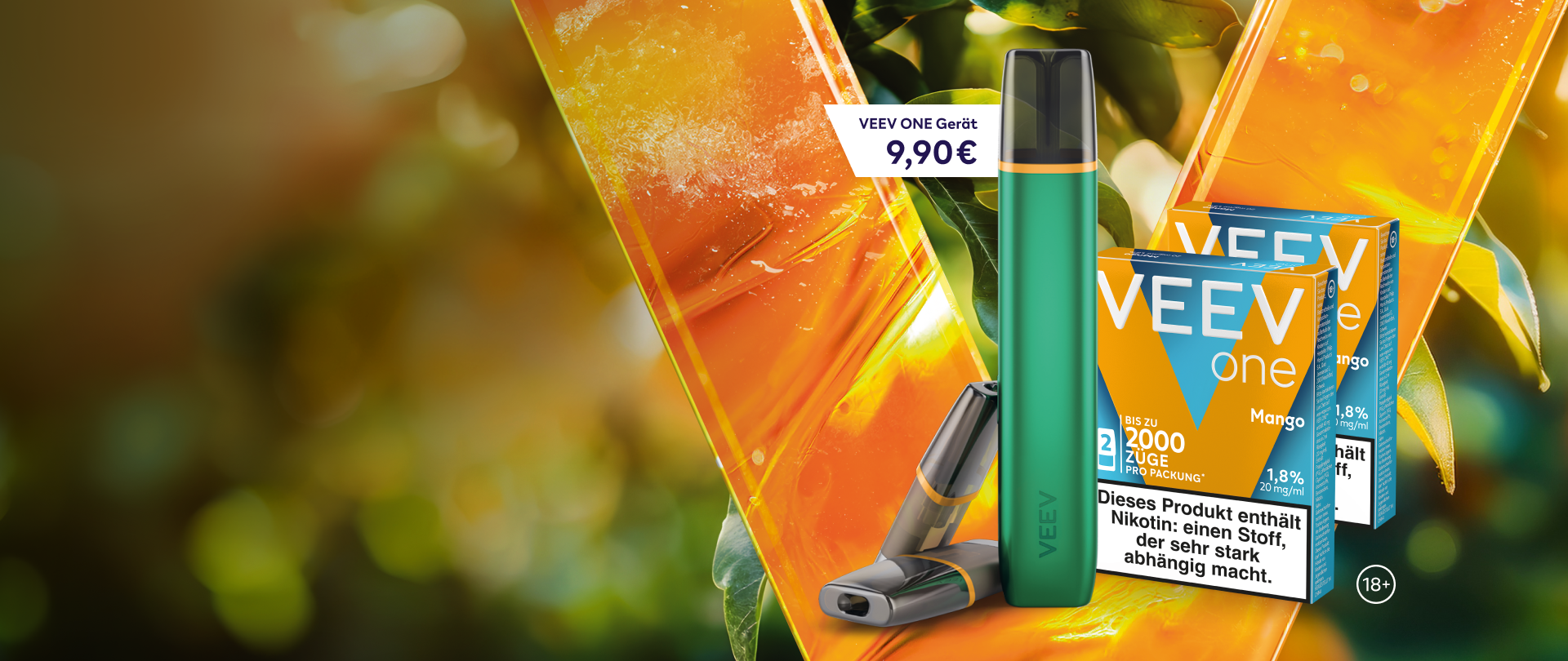 VEEV ONE Gerät für 9,90 € mit zwei Packungen Mango Pods kostenlos für Neukunden