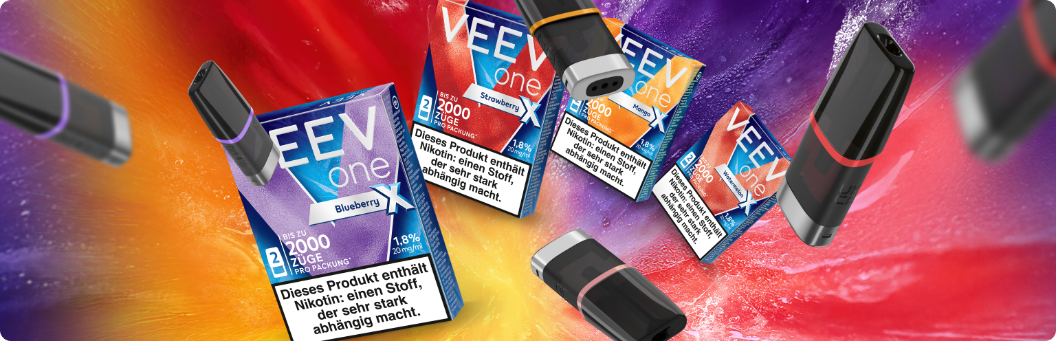 Die vier neue VEEV Extra Flavours fliegen mit passenden Pods durch einen bunten Hintergrund.