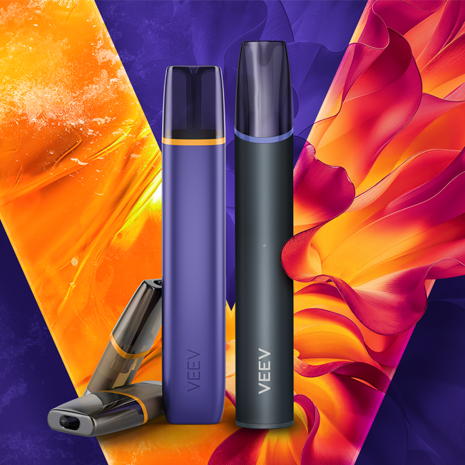 VEEV ONE vaping device close up of mouthpiece and purple hardware.