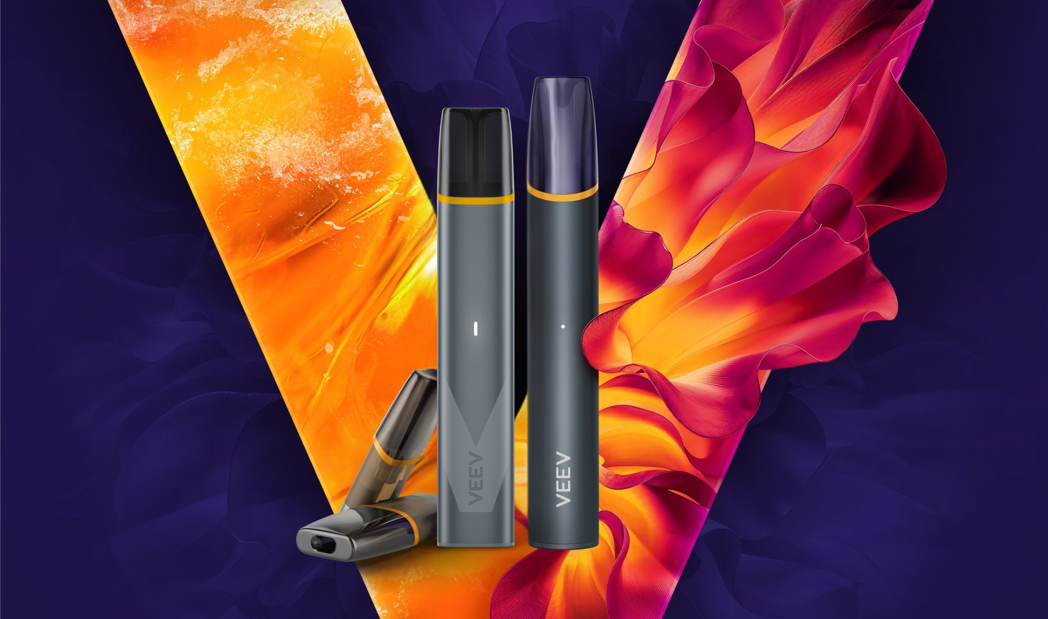 VEEV ONE and VEEV NOW ULTRA vaping devices with VEEV ONE pods and a V logo in the background. 