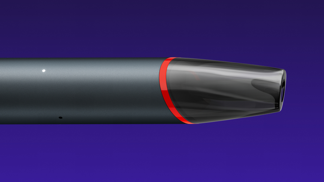 VEEV NOW ULTRA disposable vaping device lengthways with red ring around the mouthpiece