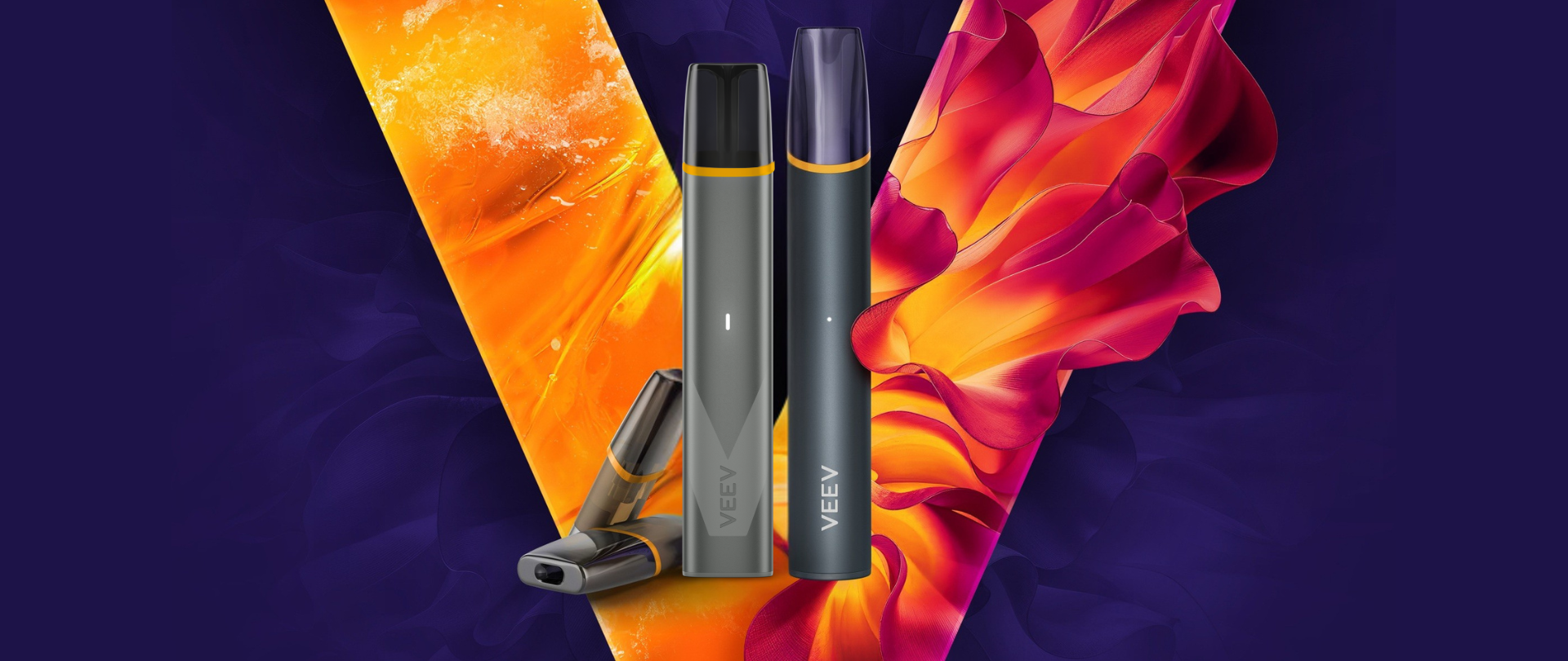  VEEV ONE and VEEV NOW ULTRA vaping devices with VEEV ONE pods and a V logo in the background. 