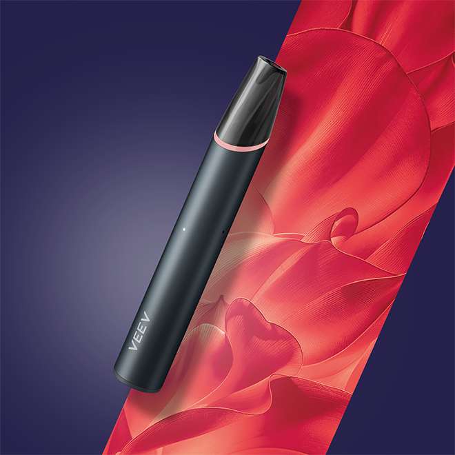 VEEV NOW ULTRA disposable vaping device close up of mouthpiece with pink ring on a vibrant pink background