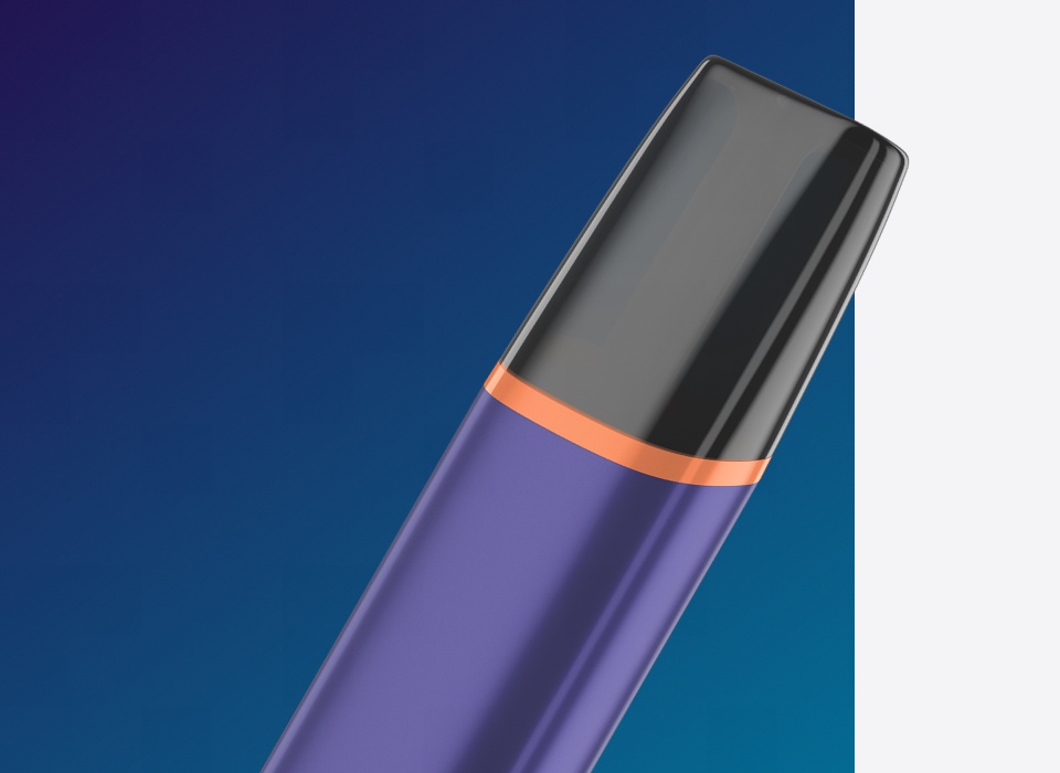 VEEV ONE vaping device close up of mouthpiece and purple hardware. 