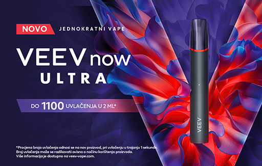VEEV NOW ULTRA vizual koji prikazuje jedan uređaj i VEEV logotip u crvenoj i ljubičastoj boji.