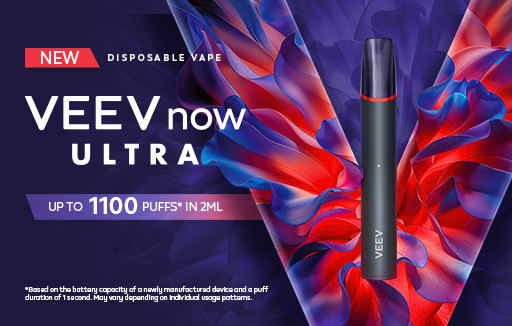 VEEV NOW ULTRA vizual koji prikazuje jedan uređaj i VEEV logotip u crvenoj i ljubičastoj boji.