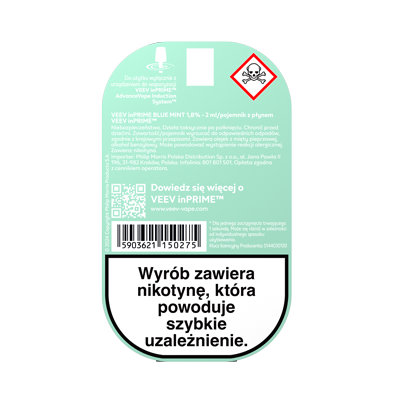 Tył opakowania pod&oacute;w VEEV inPRIME Blue Mint z ostrzeżeniami 5
