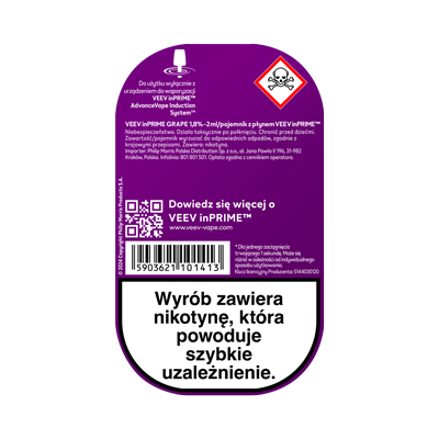 Tył opakowania pojemnika z płynem VEEV inPRIME Grape, z widocznymi ostrzeżeniami 2