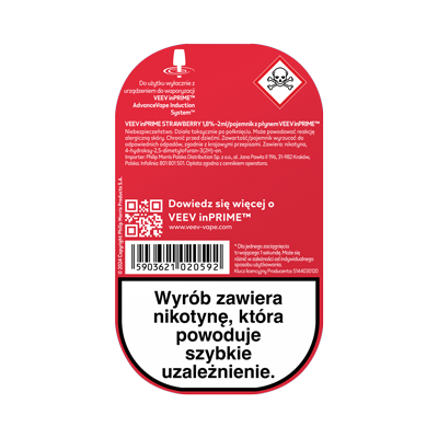 Tył opakowania pojemnika z płynem VEEV inPRIME Strawberry, z widocznymi ostrzeżeniami 2
