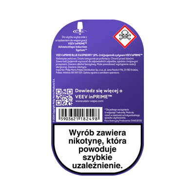 Tył opakowania pojemnika z płynem VEEV inPRIME Blue Raspberry, z widocznymi ostrzeżeniami 2