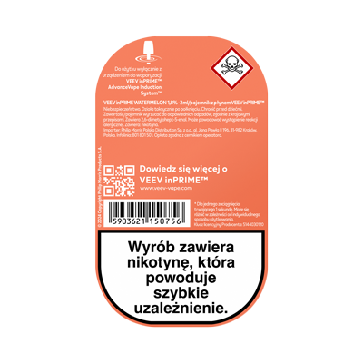 Tył opakowania pojemnika z płynem VEEV inPRIME Watermelon, z widocznymi ostrzeżeniami 2