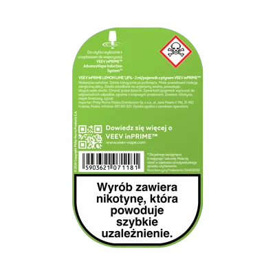 Tył opakowania pojemnika z płynem VEEV inPRIME Lemon Lime, z widocznymi ostrzeżeniami 2