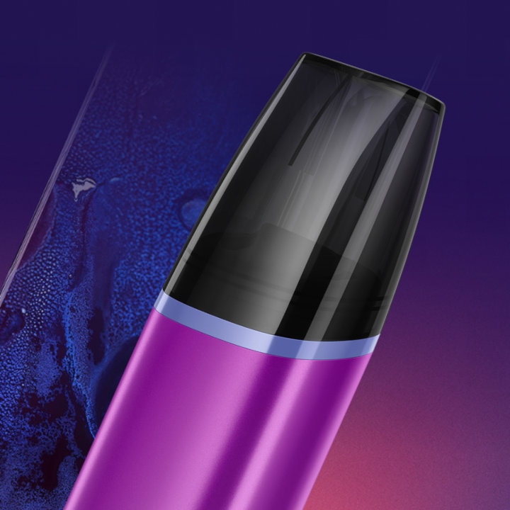 Zbliżenie na górną część urządzenia do waporyzacji VEEV inPRIME w fioletowym kolorze, na fioletowym tle