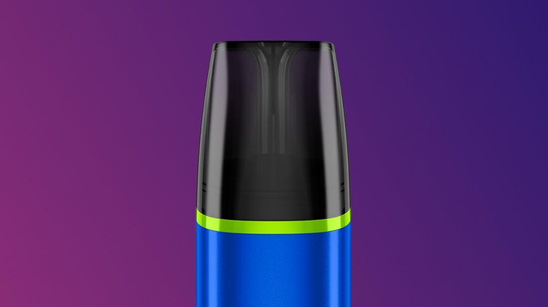 Zbliżenie na górną część urządzenia do waporyzacji VEEV inPRIME w niebieskim kolorze, na fioletowym tle