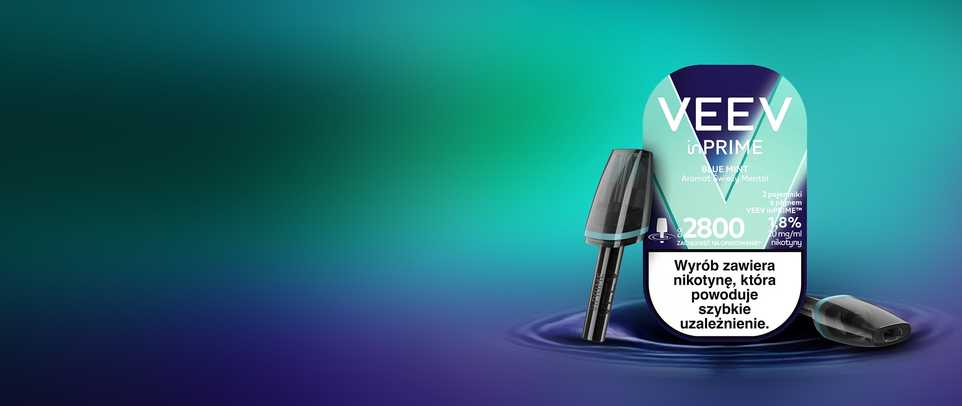 Opakowanie podów VEEV inPRIME Blue Mint na turkusowo-niebieskim tle​