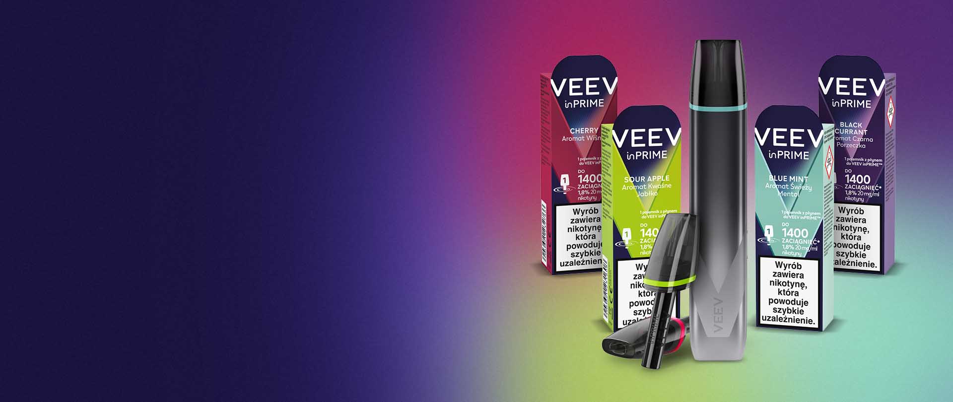 E-papieros VEEV inPRIME i 4 smaki podów: Blue Mint, Cherry, Blackcurrant i Sour Apple