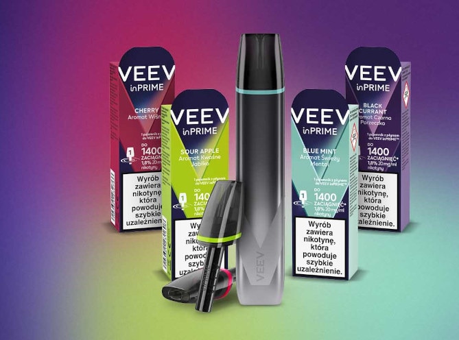 E-papieros VEEV inPRIME i 4 smaki podów: Blue Mint, Cherry, Blackcurrant i Sour Apple
