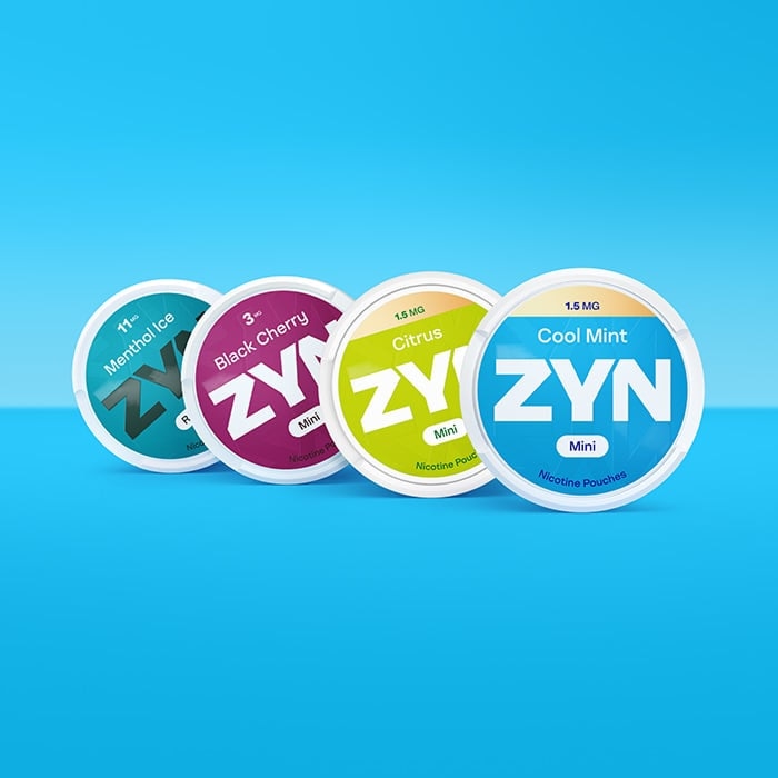 4 opakowania saszetek nikotynowych ZYN w kolorach niebieskim, limonkowym, wiśniowym i turkusowym